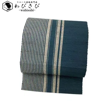 나고야 오비 명주 세로 줄무늬 직조 무늬 짙은 녹색 O-4844