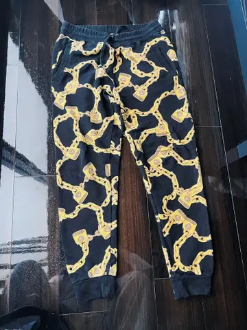 ED Hardy 체인 디자인 스웨트 팬츠 블랙 앤 옐로우 컬러 M