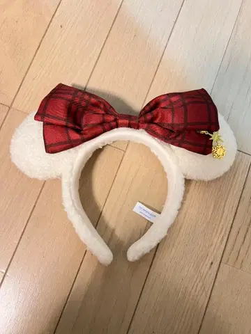 귀 달린 머리띠 빨간색 체크 리본