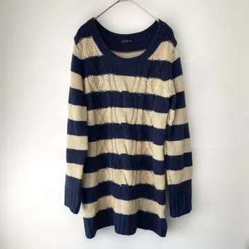 CORNFLAKE 케이블 짜임 보더 니트 베이지 x 네이비 루즈핏 M