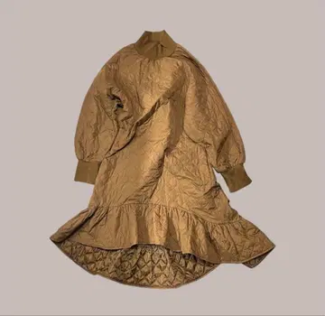 퀼팅 롱 원피스 프릴 밑단 노카라 코트풍 브라운 F 사이즈