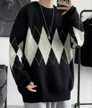 빅 실루엣 아가일 디자인 니트 L 사이즈