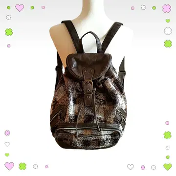 모리걸 백팩 y2k 체크 니트 브라운 인조 가죽 기믹 스터드