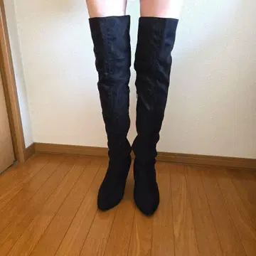 블랙 니하이 부츠 하이힐 페이크 스웨이드 23.5cm