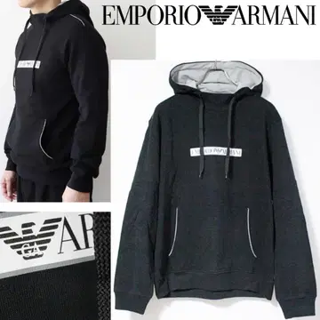 미사용 엠포리오 아르마니 로고 프린트 모크넥 후디 XL 블랙