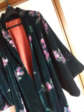 도중기 벨벳 일본 의류 코트 짙은 녹색 벨벳 오샤레