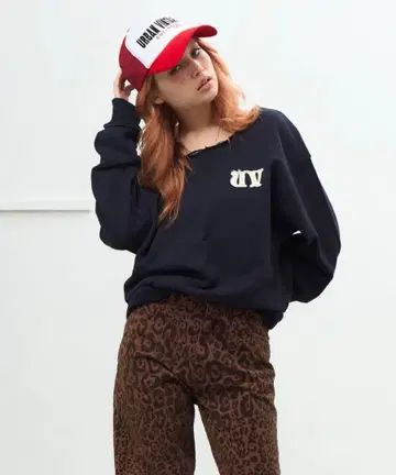 ACLENT 아클렌트 컷오프 원숄더 루즈 맨투맨 네이비