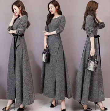 그레이 롱 원피스 긴팔 리본 벨트 포함