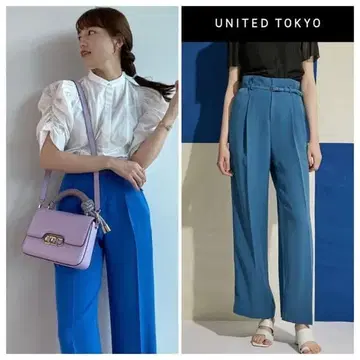 UNITED TOKYO 원턱 세미 와이드 팬츠 블루 카와구치 하루나 착용