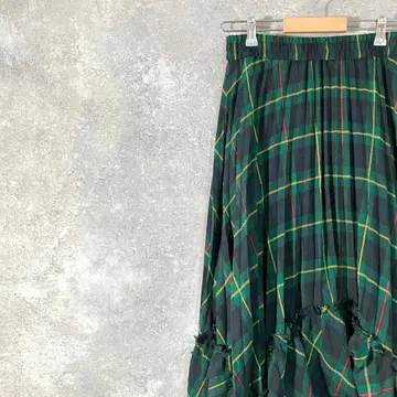 ZARA 플레어 스커트 롱 기장 개더 그린 체크 폴리에스테르