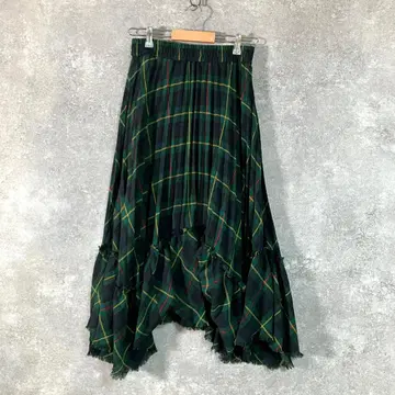 ZARA 플레어 스커트 롱 기장 개더 그린 체크 폴리에스테르