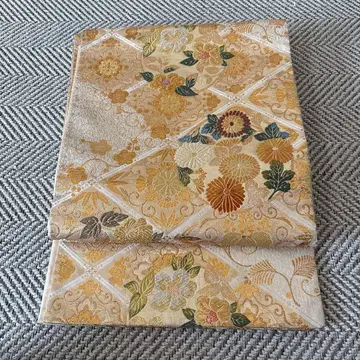 골드 컬러 계열 꽃무늬 실크 후쿠로 오비