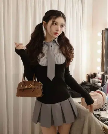 다리치 셔츠 도킹 니트 미니 원피스