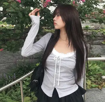 anyonemore 리본 레이스 슬림 가디건 T셔츠 그레이