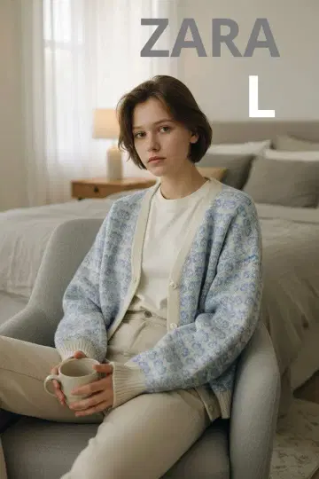 [ 새상품급 ] ZARA 아이보리 스카이블루 꽃 모티브 가디건