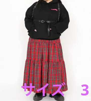 PUNYU 타탄 체크 티어드 롱 스커트 빨간색