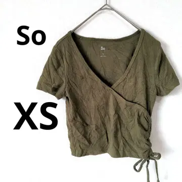 So [ XS ] 카키 반팔 티셔츠 카슈쿨 숏 기장 리본