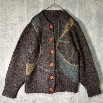 로우 게이지 니트 가디건 모헤어 터치 브라운 노카라