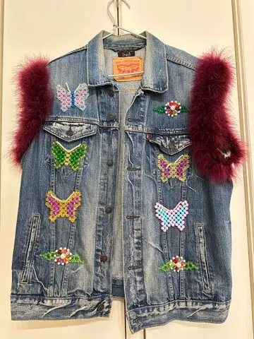 하라주쿠 bed Levi's 비즈 장식 데님 자켓 구제 의류 리메이크