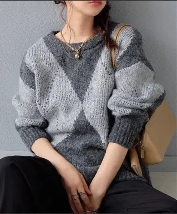 [미사용 새상품] Rejoule 빅 아가일 니트 풀오버 그레이