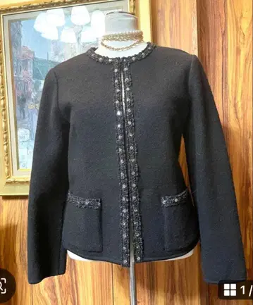 모리하나에 블랙 비쥬 자수 경량 울 겉옷 가디건 자켓