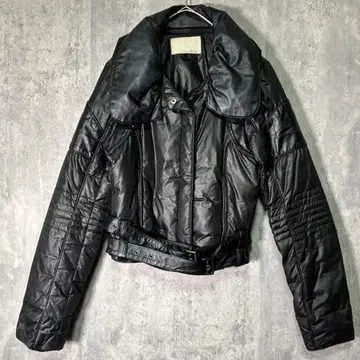 그런지 쇼트 다운 자켓 가죽 절개 블랙 볼륨 옷깃 Y2K 헤이세이