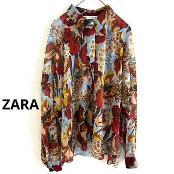 ZARA 보타니컬 꽃무늬 셔츠 블라우스 블루 베이지 M 모로코