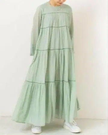 새상품급 [누키테파] 코튼 티어드 롱 원피스 민트 그린 맥시 길이