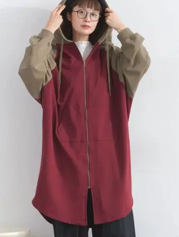 Lupilien 배색 후디 맨투맨 롱 후드티 버건디