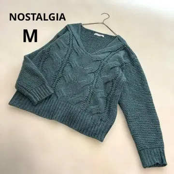 NOSTALGIA 케이블 짜임 V넥 니트 블루그린 두꺼운 원단 M 파랑