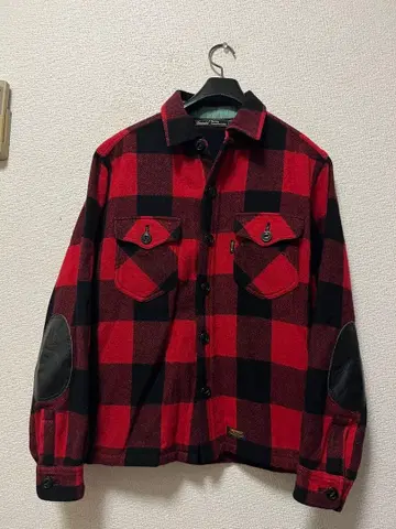 언라이벌드 레더 패치 버팔로 체크 헤비 플란넬 셔츠 /2 블랙 x 레드