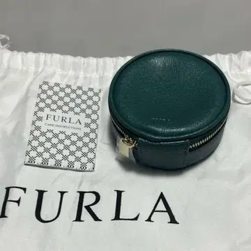 FURLA 그린 라운드형 메이크업 파우치 거울 포함 코인 케이스