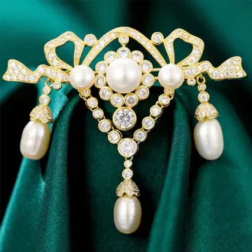 골드 담수 펄 크리스탈 브로치