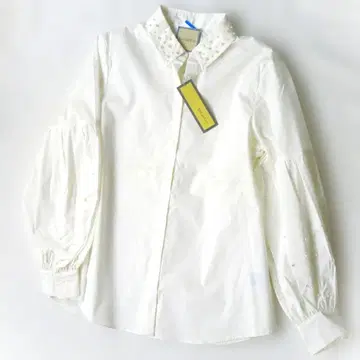 Kiri et Kiri 화이트 셔츠 벌룬 슬리브 긴팔 비슈 면