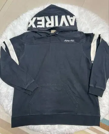 AVIREX 빅 로고 후드티 2XL 네이비 소매 라인