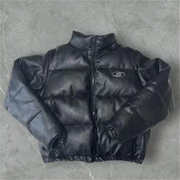 블랙 합성 피혁 다운 자켓