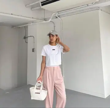 CHERI 핑크 트윌 레이어드 와이드 슬랙스