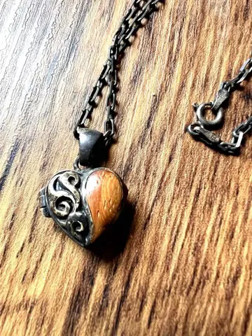 실버925 하트형 로켓 목걸이 실버 & 우드 빈티지