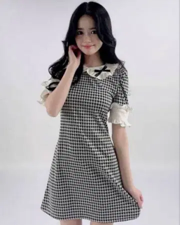 JILTU 프티 프릴 슬리브 드레스 하운드투스 체크 패턴 질튜