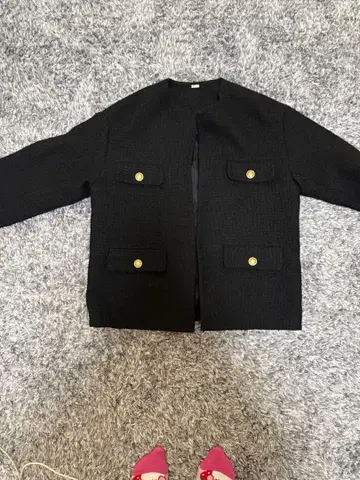 미라 오웬 트위드 노카라 자켓 골드 버튼 블랙