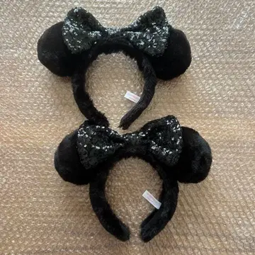 디즈니 머리띠 2개 스팽글 리본 퍼 블랙