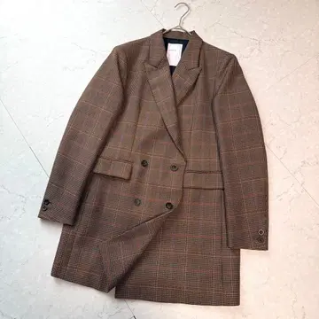 새상품급 NOBLE 체크 피크드 롱 자켓 38 브라운