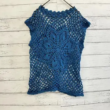 비침 크로셰 뜨개질 니트 베스트 파랑 체형 커버 여름 코디 돌려입기 냉감