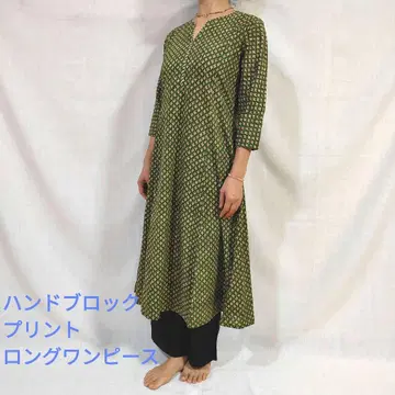 핸드 블록 프린트 인도 코튼 100 롱 원피스 그린