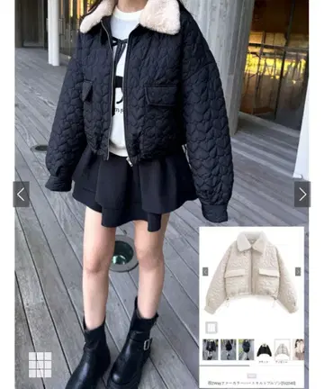 택없는 새상품 블랙 퀼팅 자켓 인조 모피 옷깃 하트