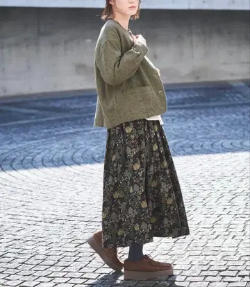 ubasoku 면 코듀로이 숲 패턴 턱 개더 스커트