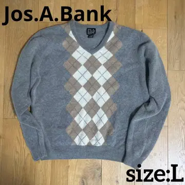 Jos.A.Bank 램스울 V넥 스웨터 짧은 기장 L 그레이 아가일