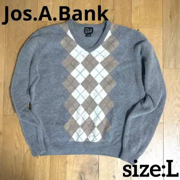 Jos.A.Bank 램스울 V넥 스웨터 짧은 기장 L 그레이 아가일
