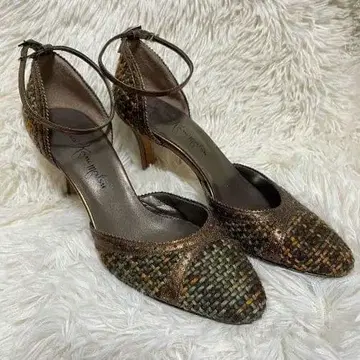 긴자 카네마츠 여성용 펌프스 핑힐 앵클 스트랩 트위드