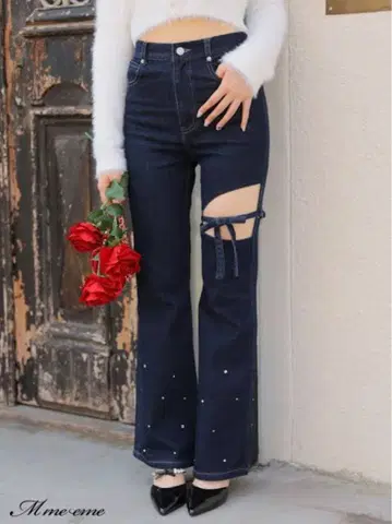 엠미엠 리본 플레어 데님 인디고